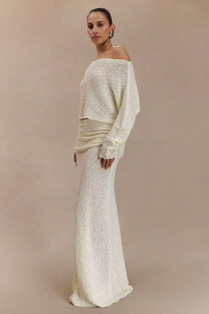 Ribbed Knit Off Shoulder Maxi Skirt Set
