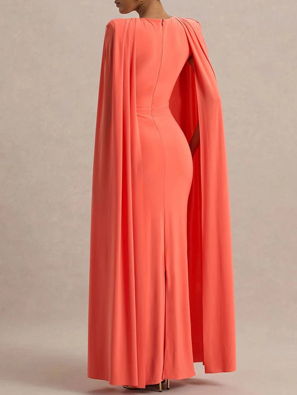 Orange Crew Neck Shoulder Cape Drape Column Maxi Gown