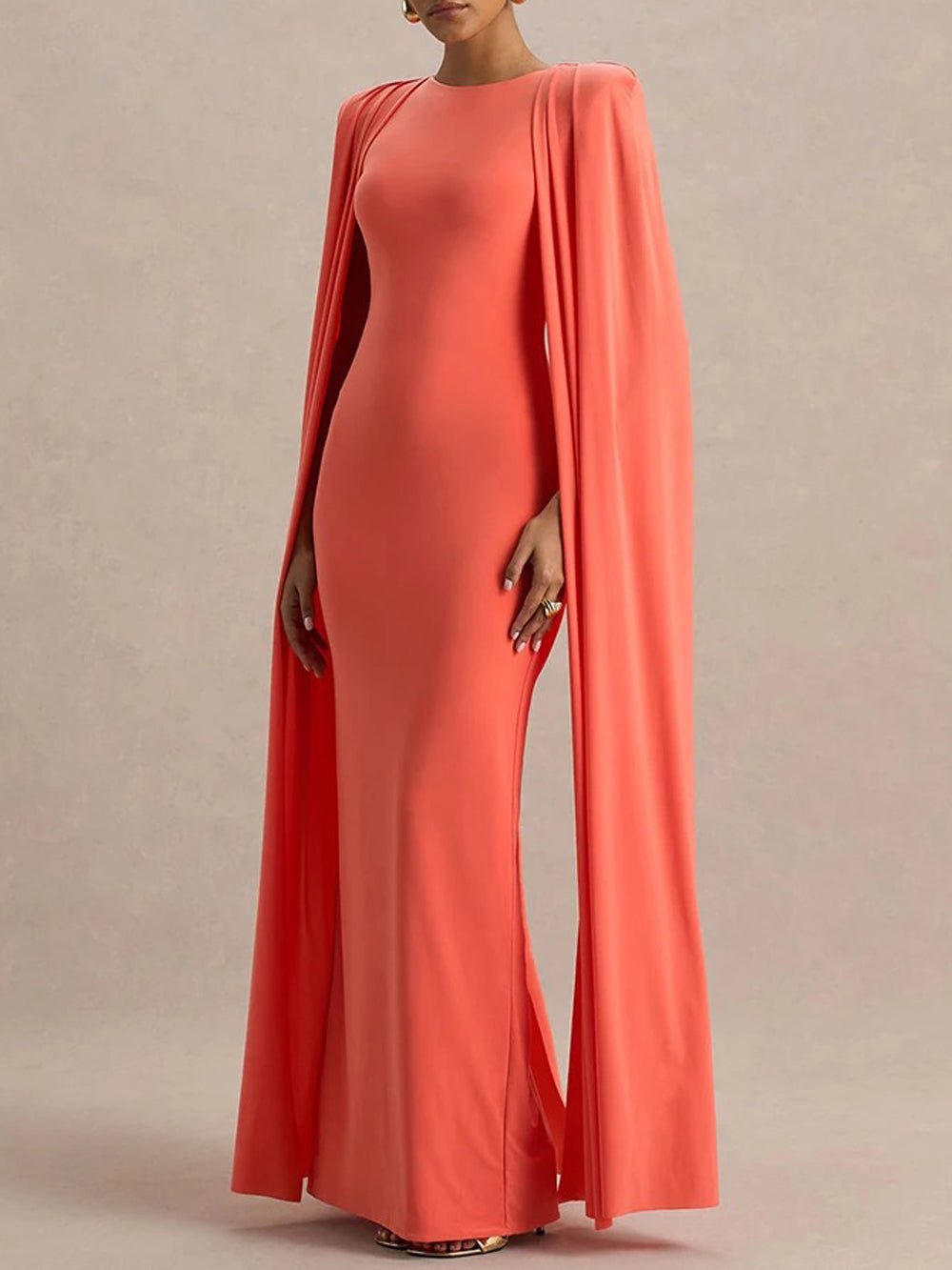 Orange Crew Neck Shoulder Cape Drape Column Maxi Gown