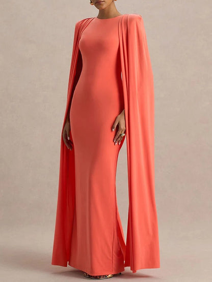 Orange Crew Neck Shoulder Cape Drape Column Maxi Gown