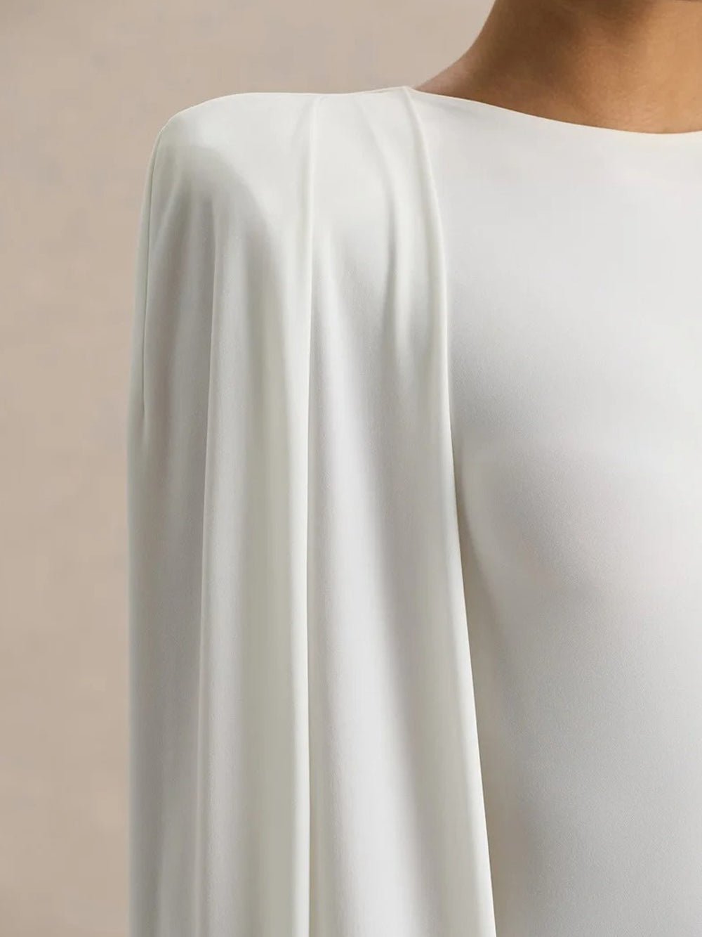 White Crew Neck Shoulder Cape Drape Column Maxi Gown