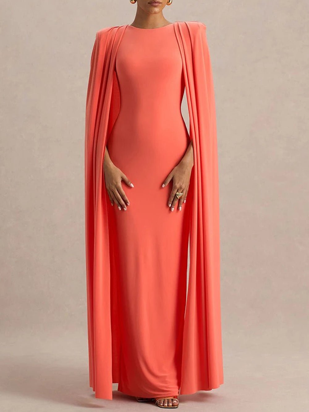 Orange Crew Neck Shoulder Cape Drape Column Maxi Gown