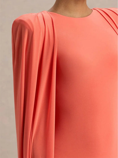 Orange Crew Neck Shoulder Cape Drape Column Maxi Gown