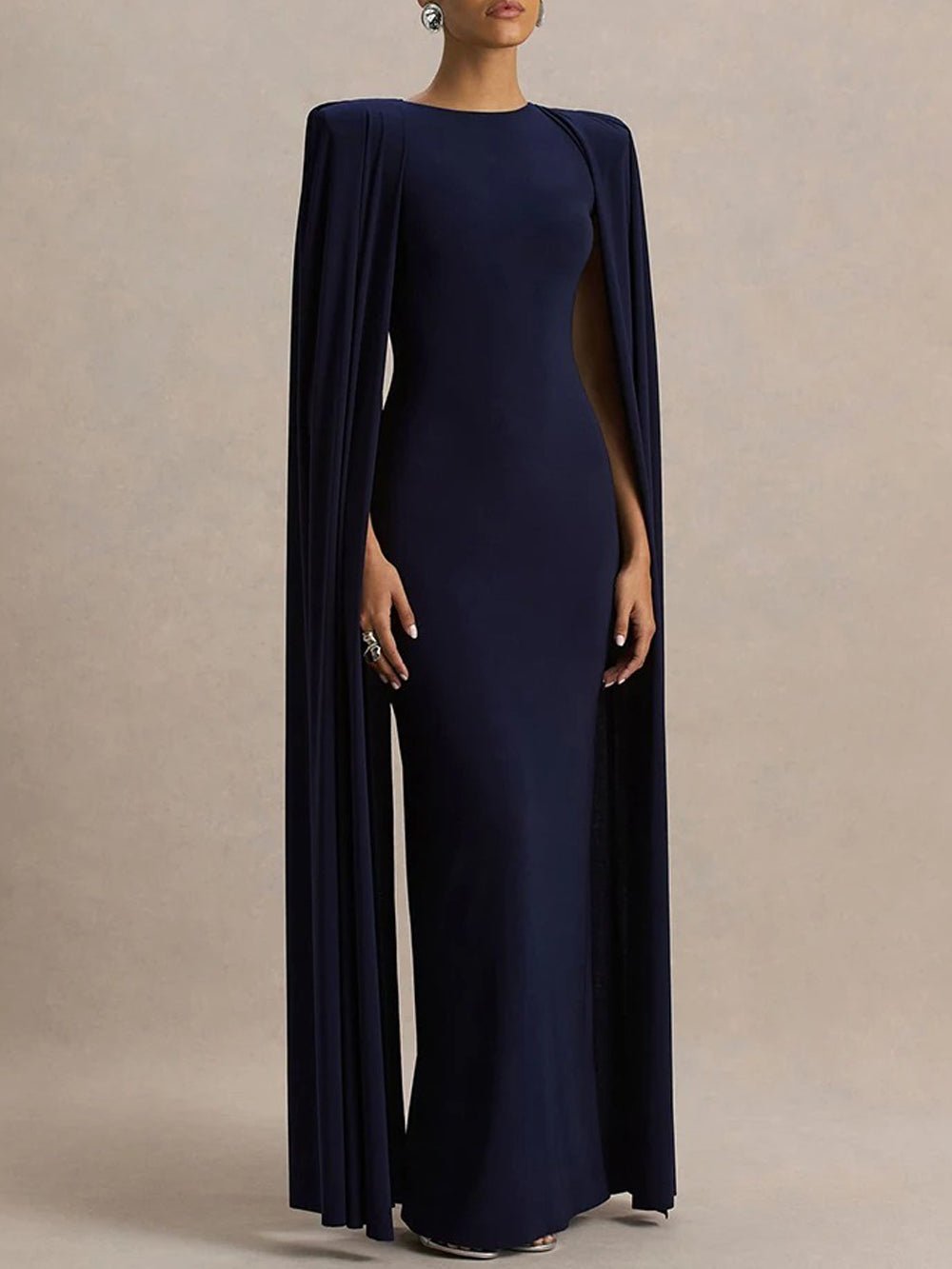 Blue Crew Neck Shoulder Cape Drape Column Maxi Gown