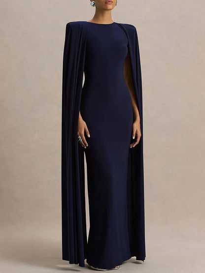 Blue Crew Neck Shoulder Cape Drape Column Maxi Gown