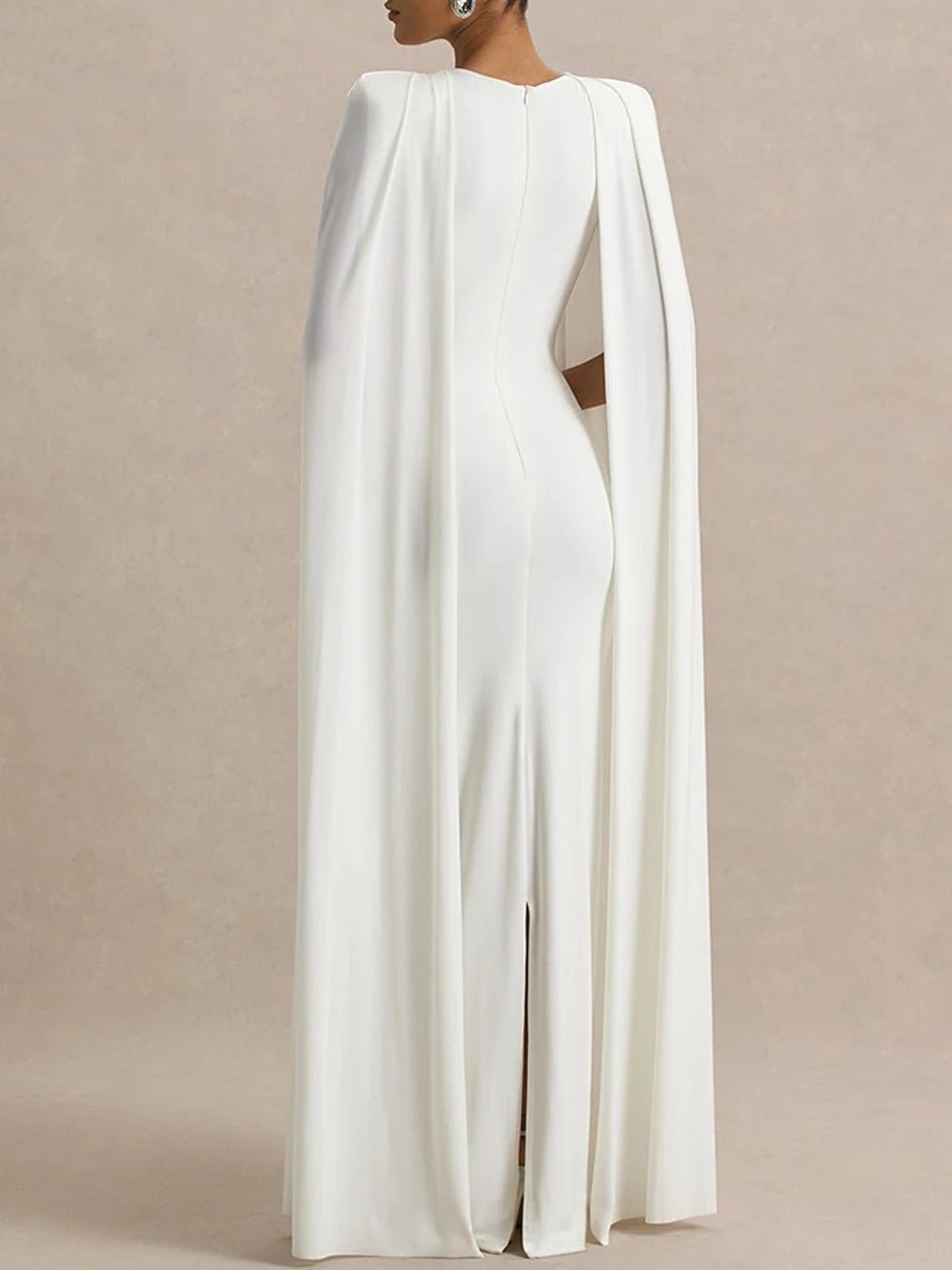 White Crew Neck Shoulder Cape Drape Column Maxi Gown