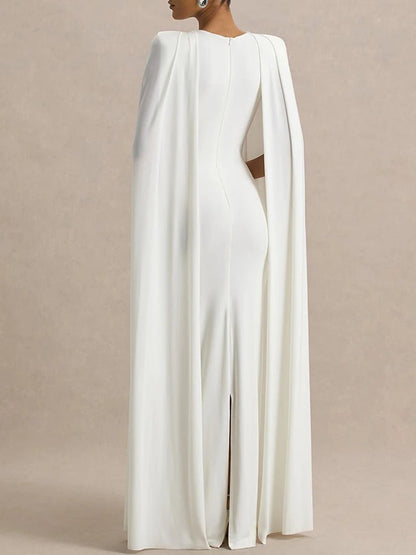 White Crew Neck Shoulder Cape Drape Column Maxi Gown