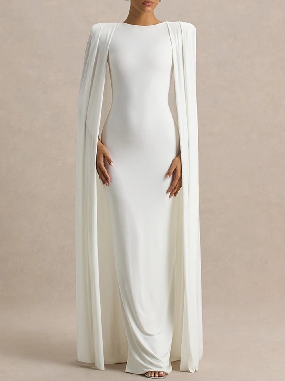 White Crew Neck Shoulder Cape Drape Column Maxi Gown