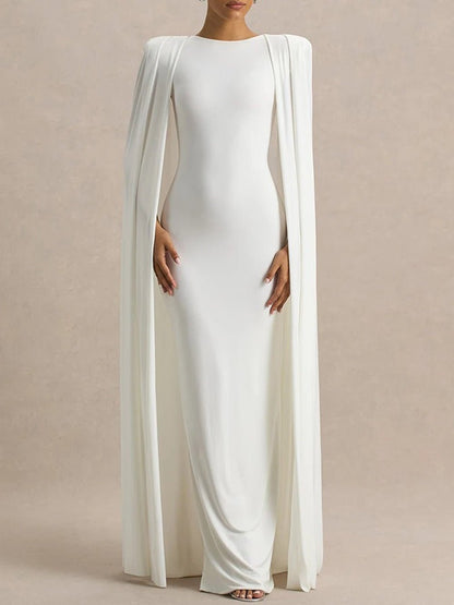 White Crew Neck Shoulder Cape Drape Column Maxi Gown