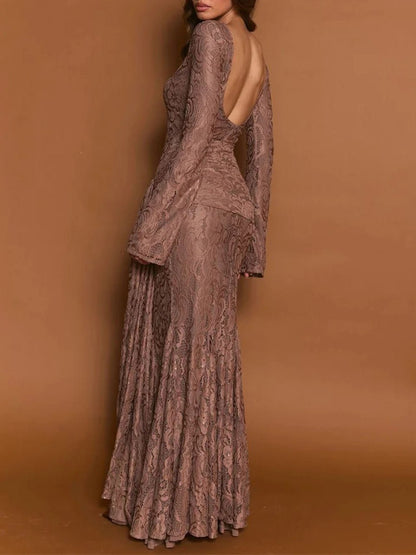 Brown Lace Square Neck Long Sleeve Ruched Mermaid Maxi Dress
