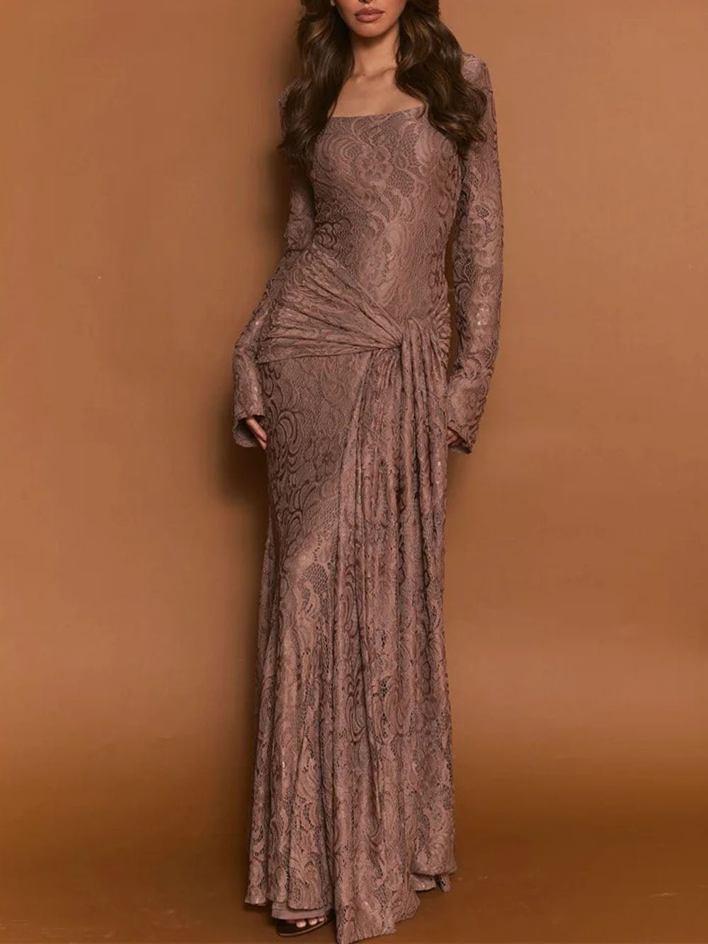 Brown Lace Square Neck Long Sleeve Ruched Mermaid Maxi Dress