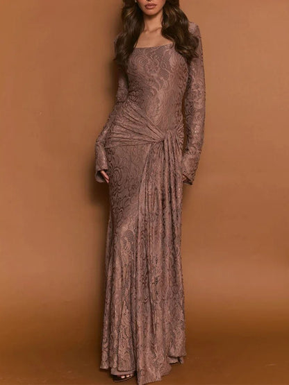 Brown Lace Square Neck Long Sleeve Ruched Mermaid Maxi Dress
