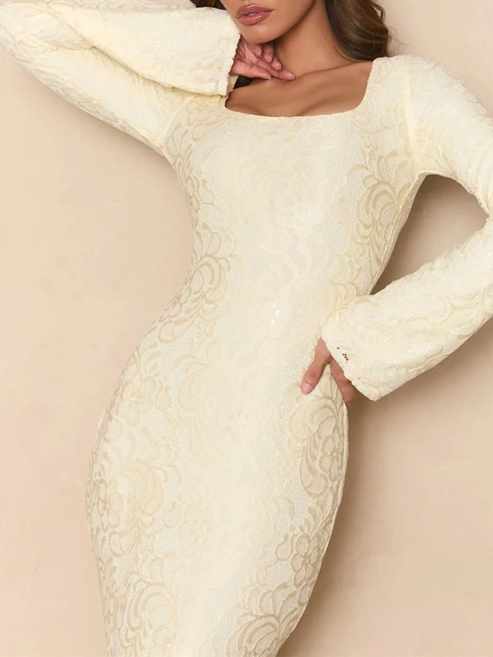 White Lace Square Neck Long Sleeve Ruched Mermaid Maxi Dress