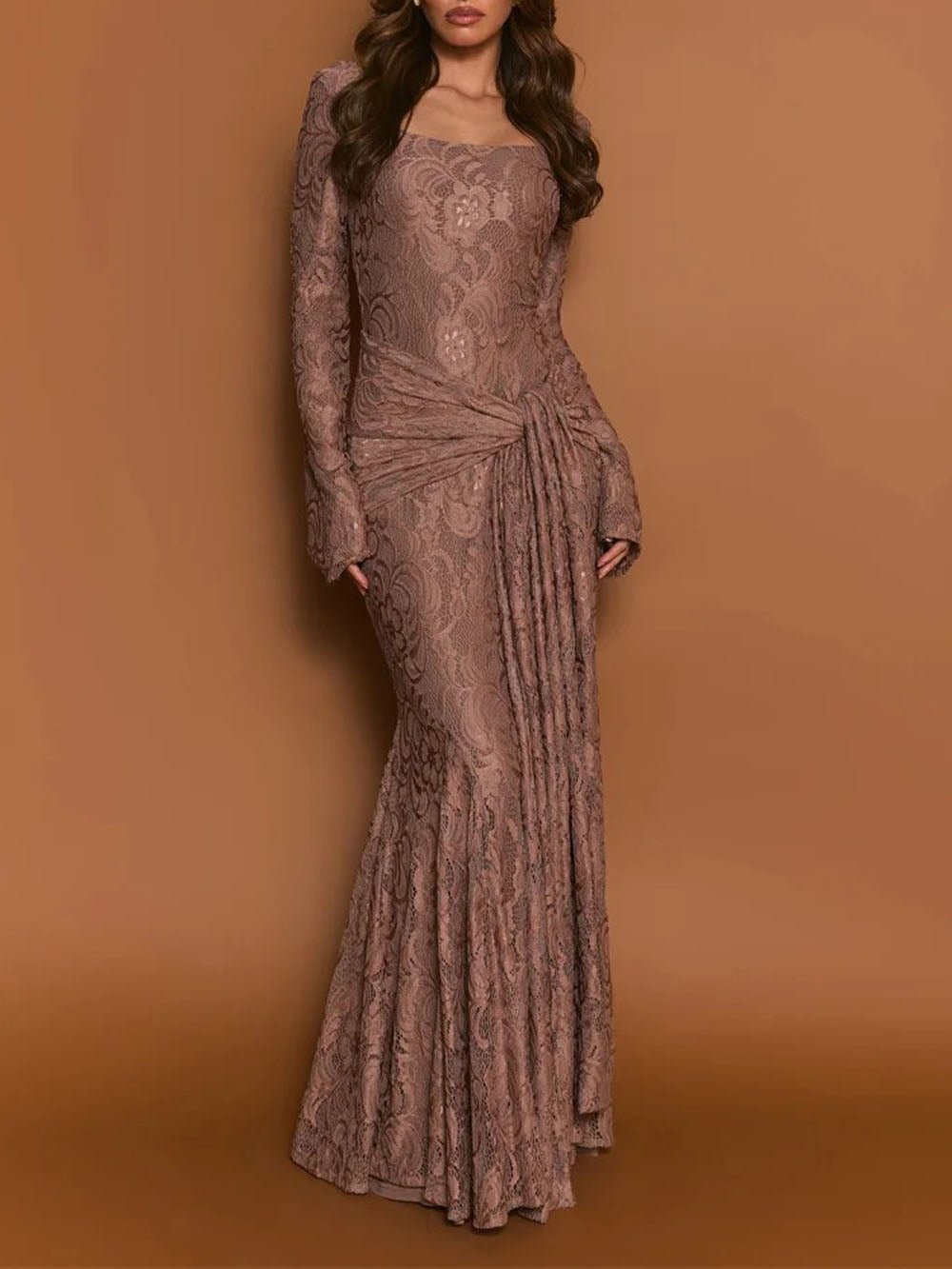 Brown Lace Square Neck Long Sleeve Ruched Mermaid Maxi Dress
