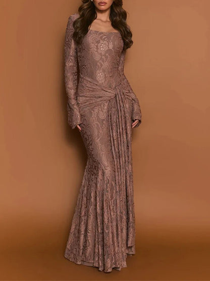 Brown Lace Square Neck Long Sleeve Ruched Mermaid Maxi Dress