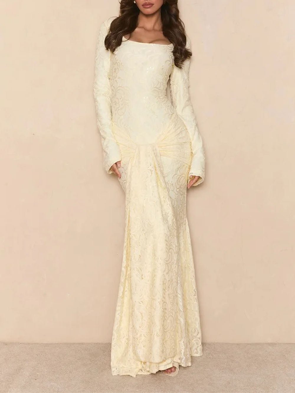 White Lace Square Neck Long Sleeve Ruched Mermaid Maxi Dress