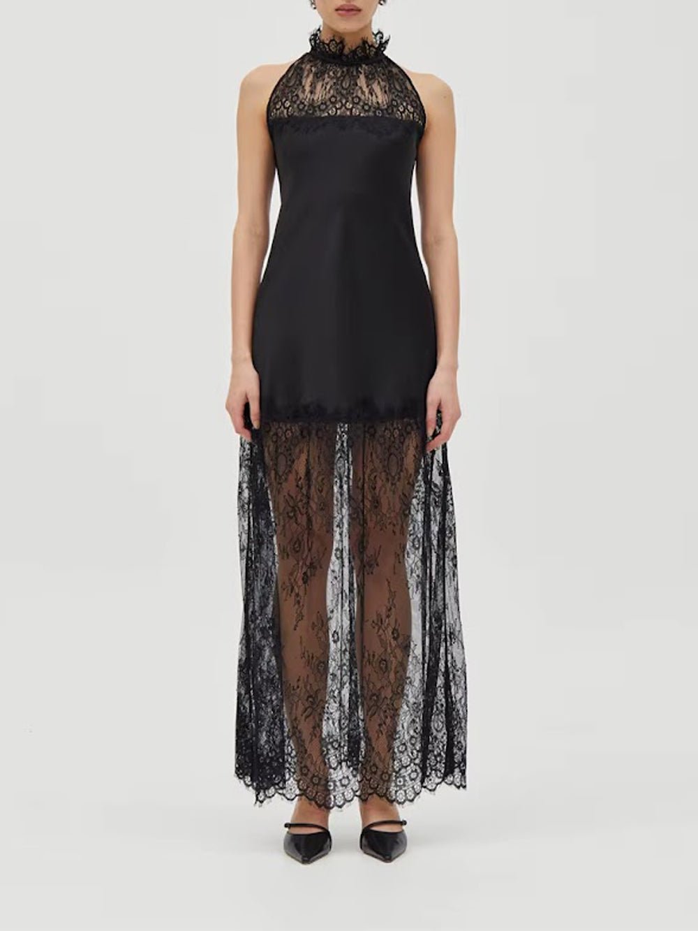 Black Lace Halter Neck Scalloped Trim Sleeveless Satin Panel Sheer Lace Skirt Column Maxi Dress