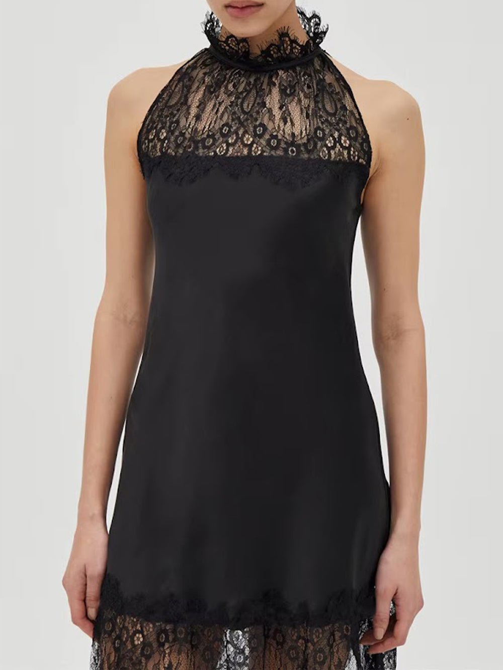 Black Lace Halter Neck Scalloped Trim Sleeveless Satin Panel Sheer Lace Skirt Column Maxi Dress