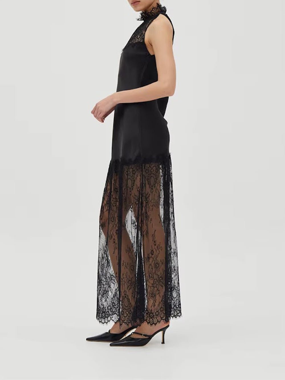 Black Lace Halter Neck Scalloped Trim Sleeveless Satin Panel Sheer Lace Skirt Column Maxi Dress