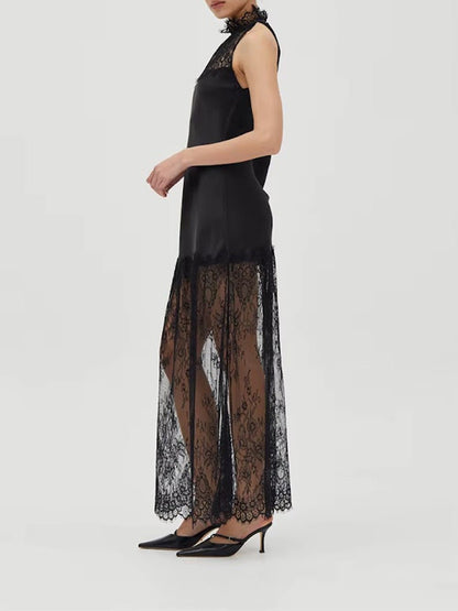 Black Lace Halter Neck Scalloped Trim Sleeveless Satin Panel Sheer Lace Skirt Column Maxi Dress
