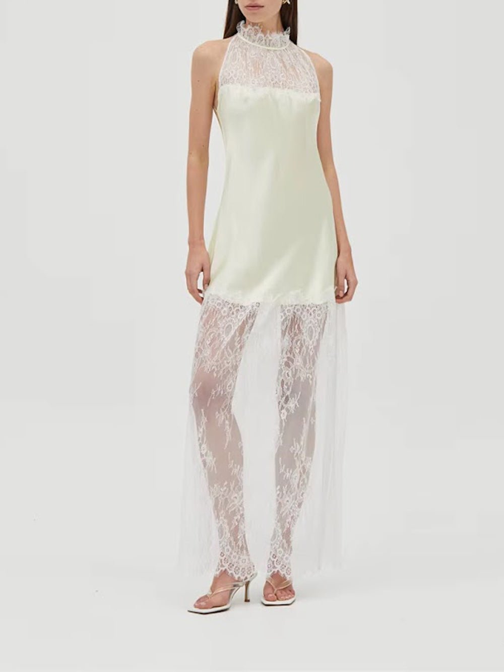 White Lace Halter Neck Scalloped Trim Sleeveless Satin Panel Sheer Lace Skirt Column Maxi Dress