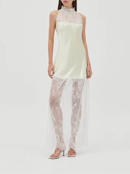 White Lace Halter Neck Scalloped Trim Sleeveless Satin Panel Sheer Lace Skirt Column Maxi Dress