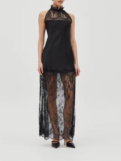 Black Lace Halter Neck Scalloped Trim Sleeveless Satin Panel Sheer Lace Skirt Column Maxi Dress