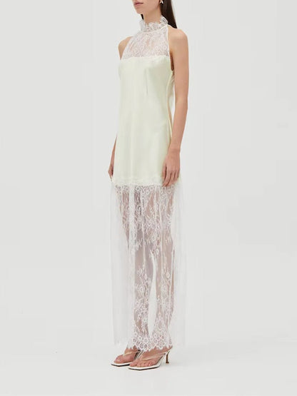 White Lace Halter Neck Scalloped Trim Sleeveless Satin Panel Sheer Lace Skirt Column Maxi Dress