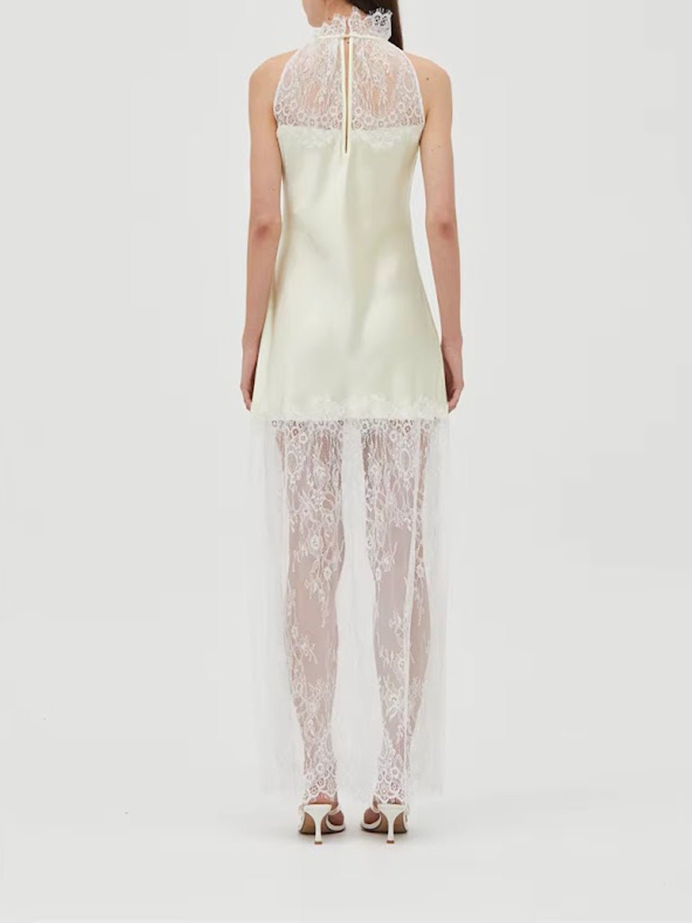 White Lace Halter Neck Scalloped Trim Sleeveless Satin Panel Sheer Lace Skirt Column Maxi Dress