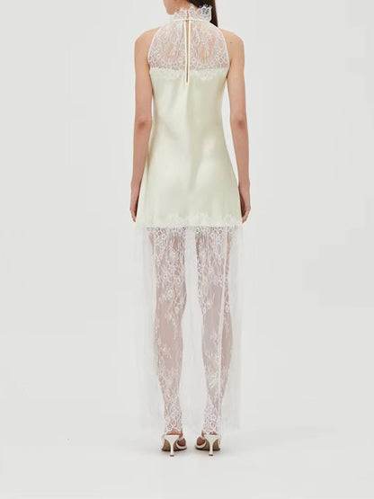 White Lace Halter Neck Scalloped Trim Sleeveless Satin Panel Sheer Lace Skirt Column Maxi Dress