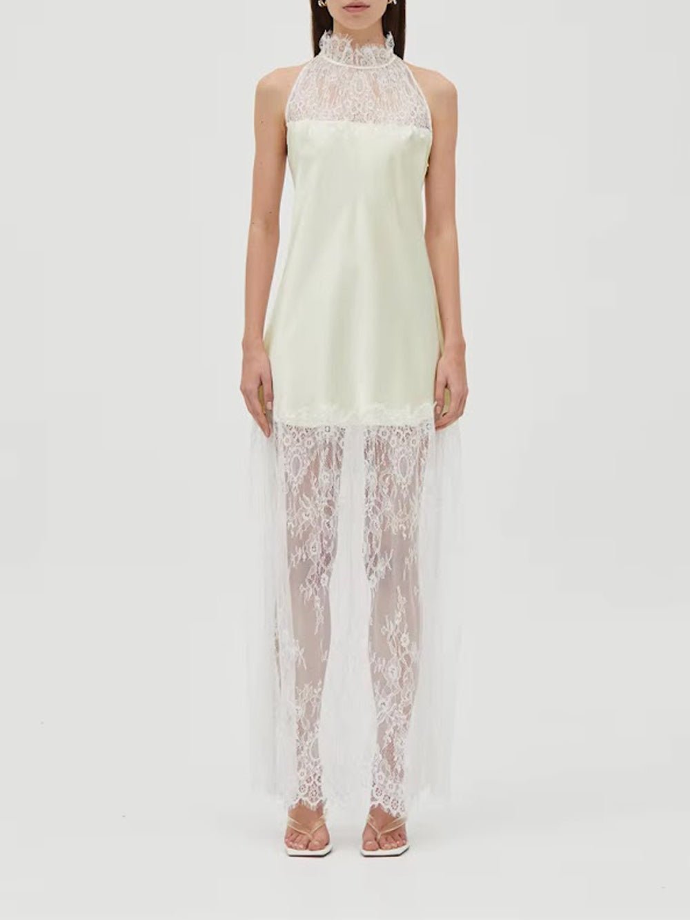 White Lace Halter Neck Scalloped Trim Sleeveless Satin Panel Sheer Lace Skirt Column Maxi Dress