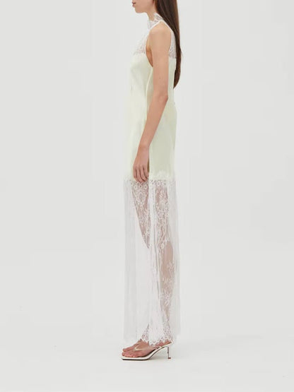 White Lace Halter Neck Scalloped Trim Sleeveless Satin Panel Sheer Lace Skirt Column Maxi Dress