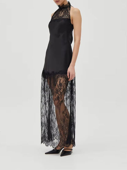Black Lace Halter Neck Scalloped Trim Sleeveless Satin Panel Sheer Lace Skirt Column Maxi Dress