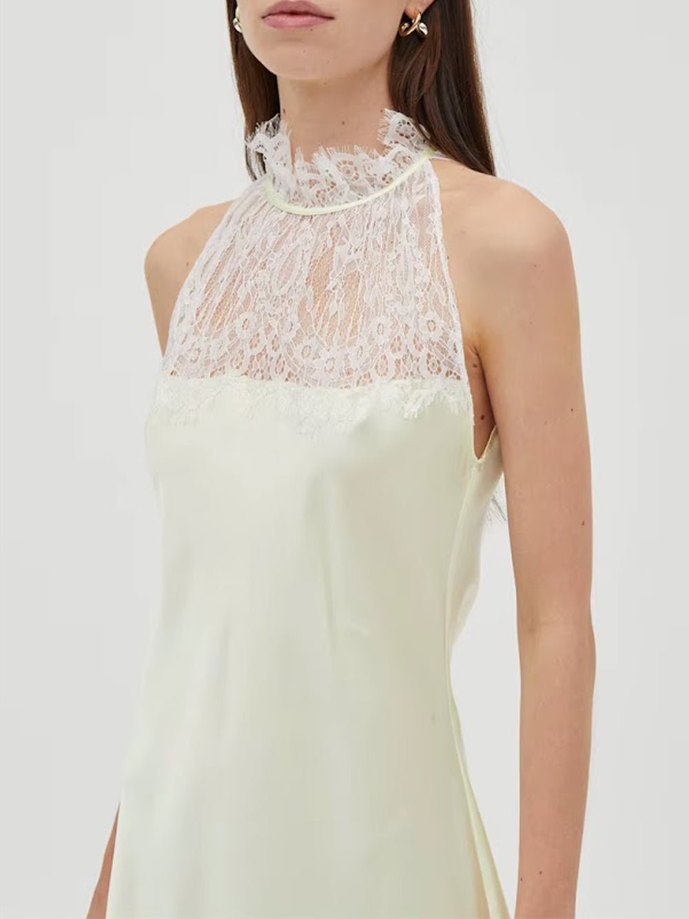 White Lace Halter Neck Scalloped Trim Sleeveless Satin Panel Sheer Lace Skirt Column Maxi Dress