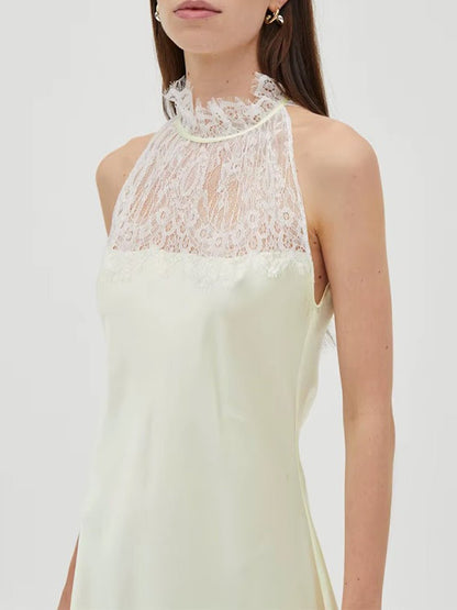 White Lace Halter Neck Scalloped Trim Sleeveless Satin Panel Sheer Lace Skirt Column Maxi Dress
