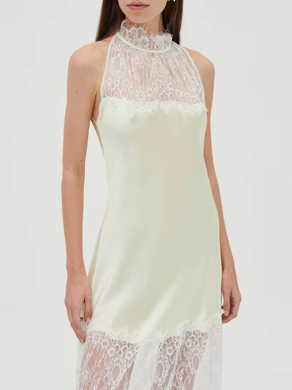 White Lace Halter Neck Scalloped Trim Sleeveless Satin Panel Sheer Lace Skirt Column Maxi Dress