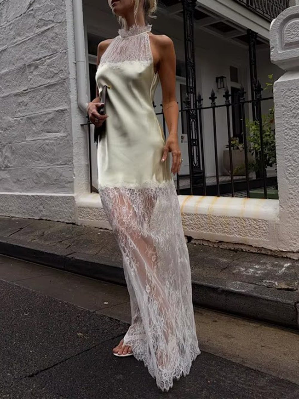 White Lace Halter Neck Scalloped Trim Sleeveless Satin Panel Sheer Lace Skirt Column Maxi Dress
