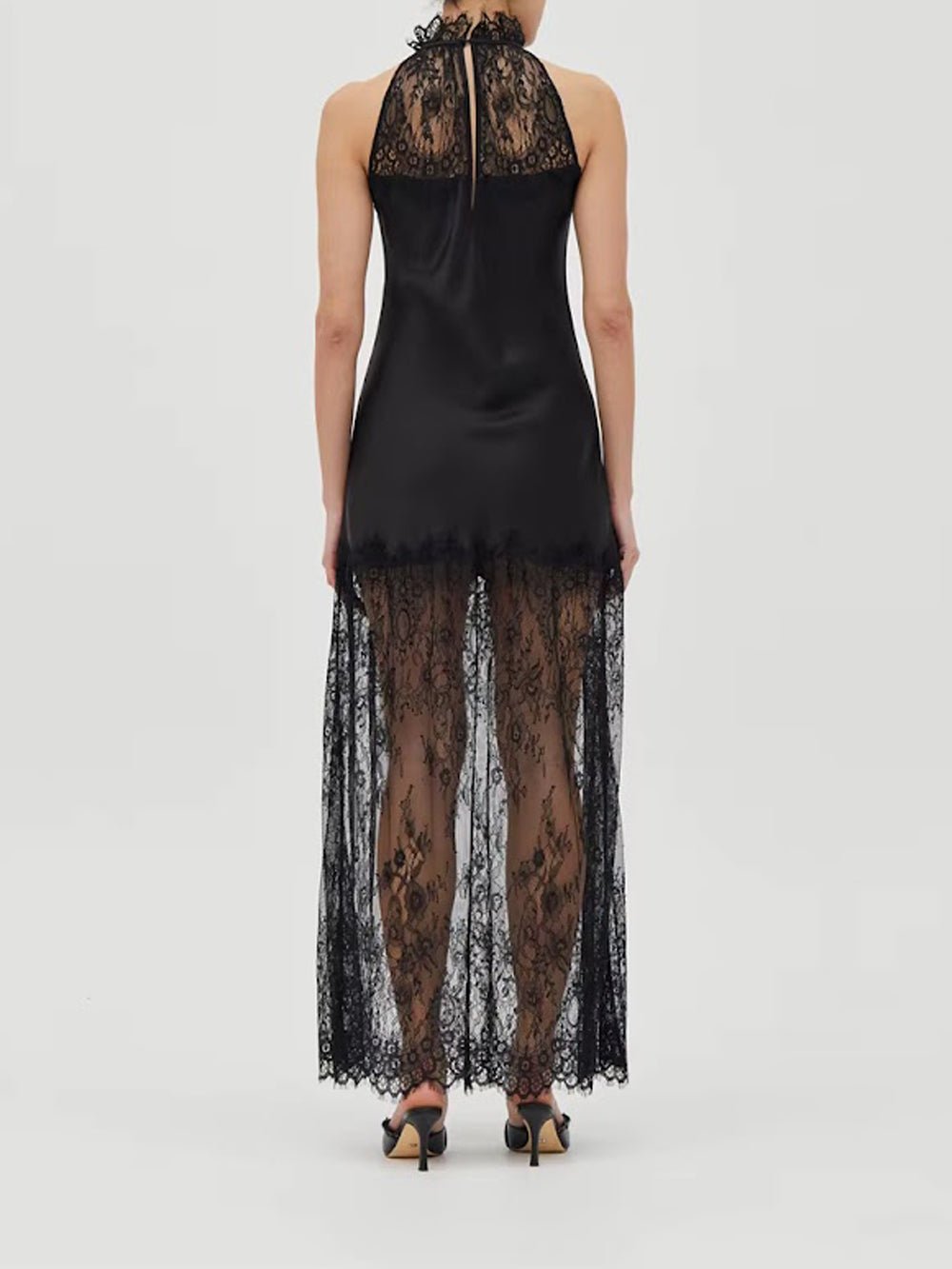 Black Lace Halter Neck Scalloped Trim Sleeveless Satin Panel Sheer Lace Skirt Column Maxi Dress