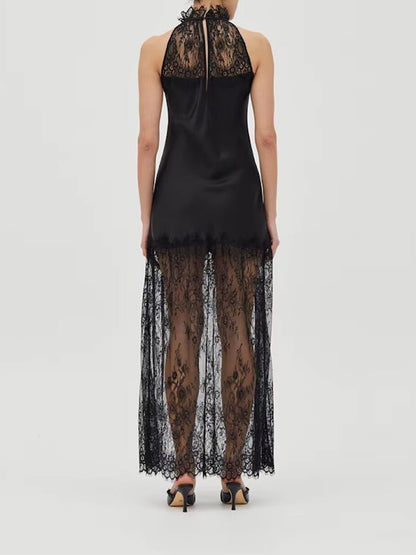 Black Lace Halter Neck Scalloped Trim Sleeveless Satin Panel Sheer Lace Skirt Column Maxi Dress