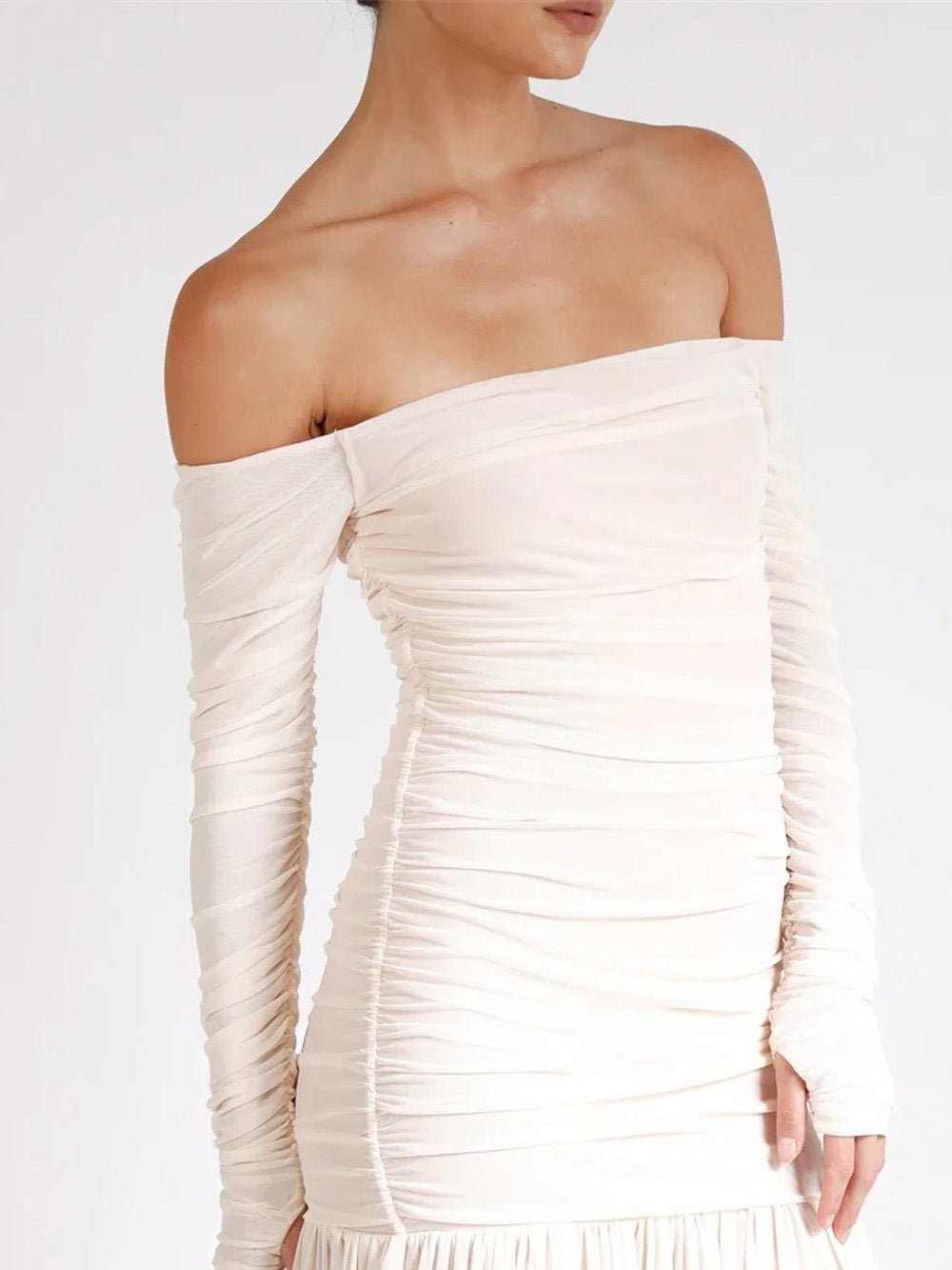 White Off Shoulder Ruched Thumbhole Long Sleeve Drop Waist Pleated Maxi Dress