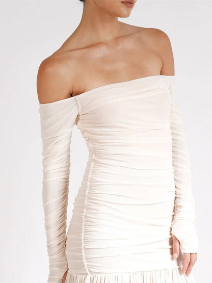 White Off Shoulder Ruched Thumbhole Long Sleeve Drop Waist Pleated Maxi Dress