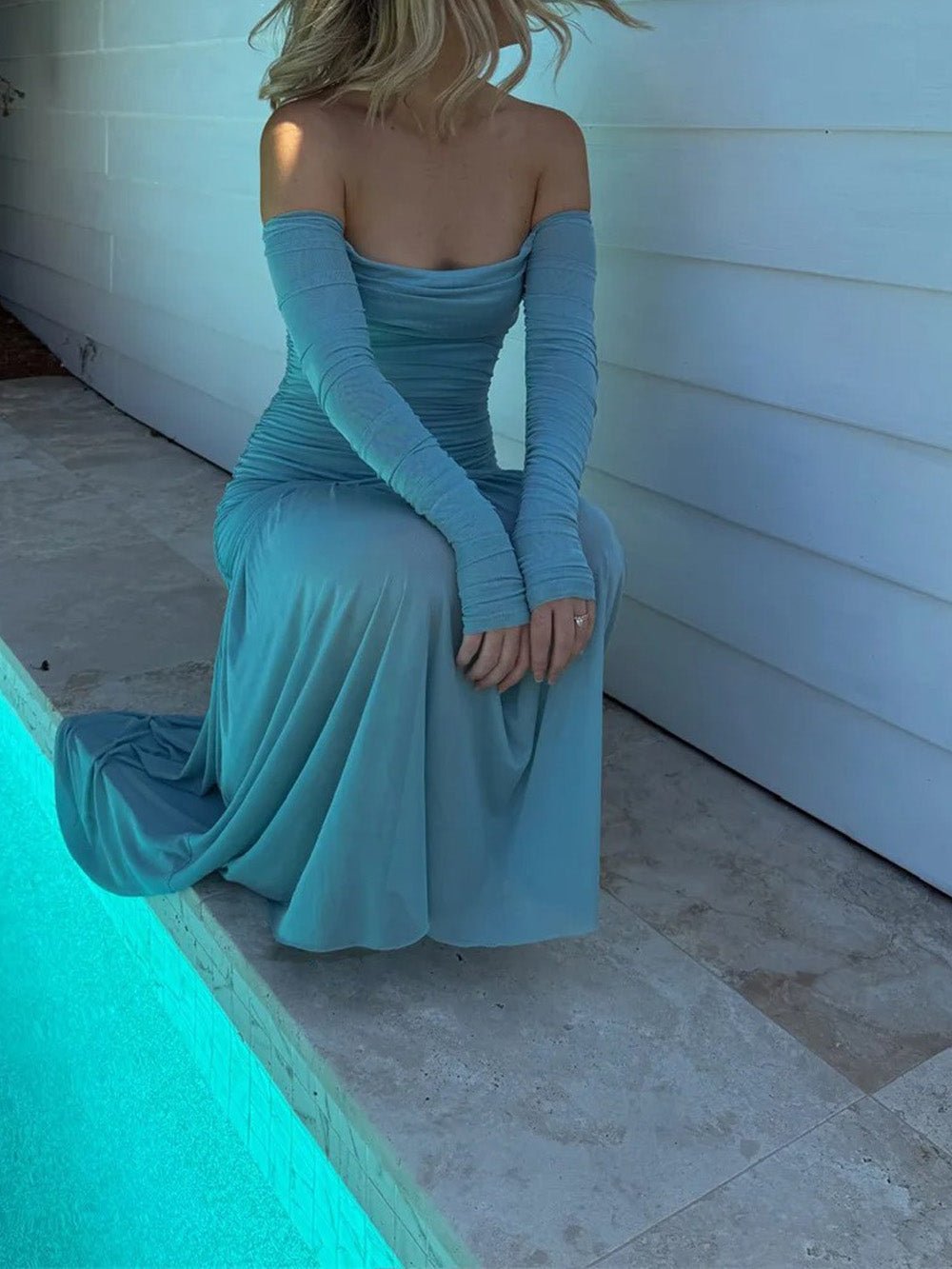 Blue Off Shoulder Ruched Thumbhole Long Sleeve Drop Waist Pleated Maxi Dress