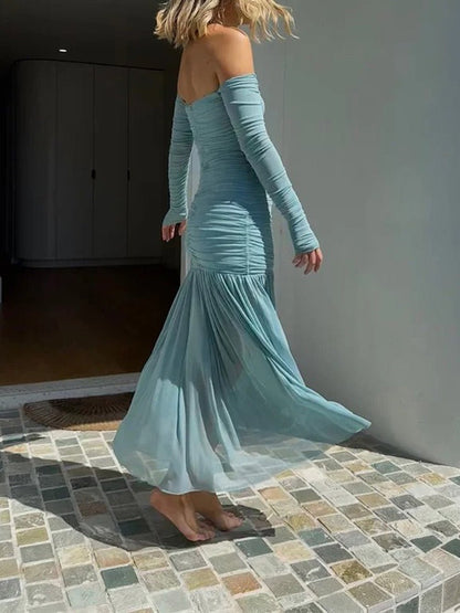 Blue Off Shoulder Ruched Thumbhole Long Sleeve Drop Waist Pleated Maxi Dress