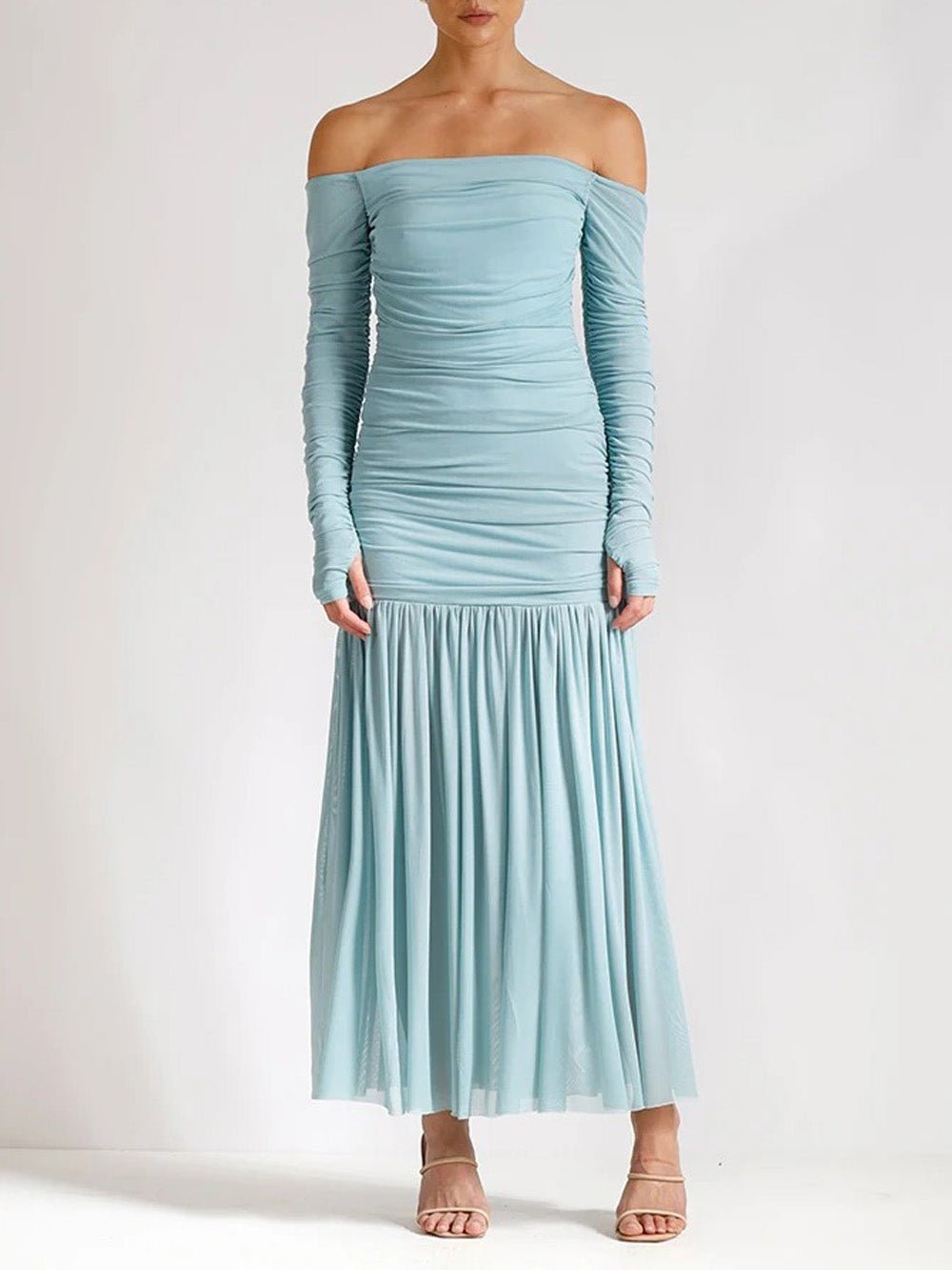 Blue Off Shoulder Ruched Thumbhole Long Sleeve Drop Waist Pleated Maxi Dress