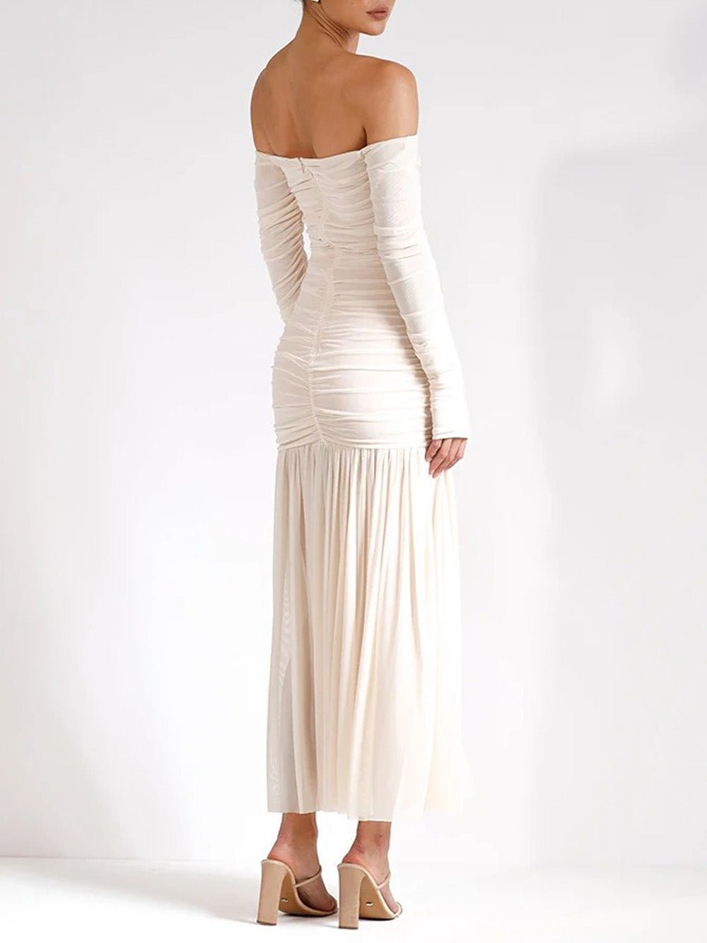 White Off Shoulder Ruched Thumbhole Long Sleeve Drop Waist Pleated Maxi Dress