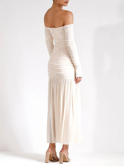 White Off Shoulder Ruched Thumbhole Long Sleeve Drop Waist Pleated Maxi Dress