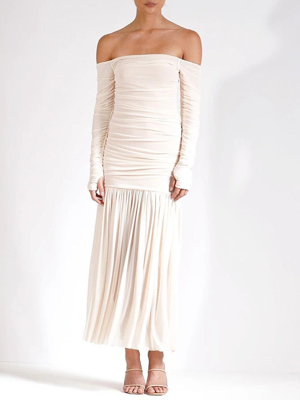 White Off Shoulder Ruched Thumbhole Long Sleeve Drop Waist Pleated Maxi Dress