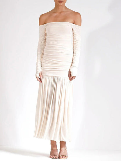 White Off Shoulder Ruched Thumbhole Long Sleeve Drop Waist Pleated Maxi Dress