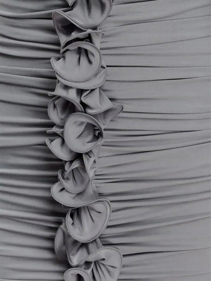 Gray Ruched Halter Neck Deep V-Neck Rosette Detail High Split Maxi Dress