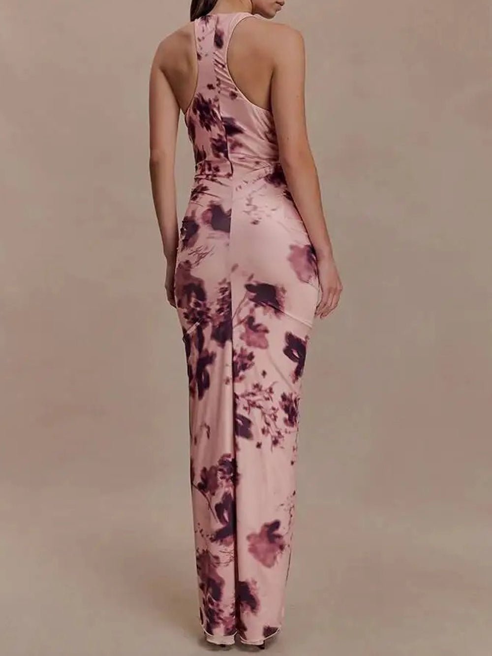 Pink Ruched Halter Neck Deep V-Neck Rosette Detail High Split Maxi Dress